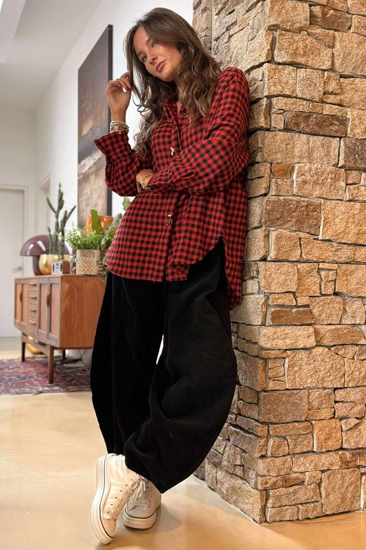 Zeta Otto Brushed Cotton Plaid Shirt Red Black